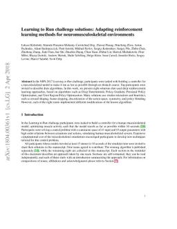 Learning to Run challenge solutions: Adapting reinforcement learning
  methods for neuromusculoskeletal environments