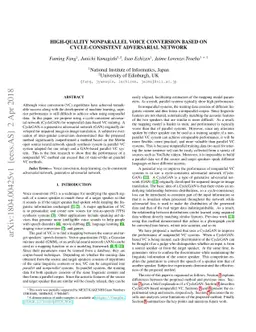 High-quality nonparallel voice conversion based on cycle-consistent
  adversarial network