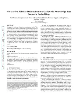 Abstractive Tabular Dataset Summarization via Knowledge Base Semantic
  Embeddings