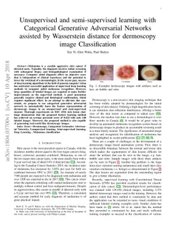 Unsupervised and semi-supervised learning with Categorical Generative
  Adversarial Networks assisted by Wasserstein distance for dermoscopy image
  Classification