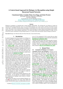 A Context-based Approach for Dialogue Act Recognition using Simple
  Recurrent Neural Networks