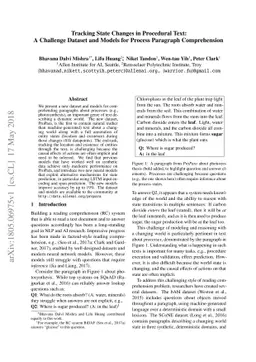 Tracking State Changes in Procedural Text: A Challenge Dataset and
  Models for Process Paragraph Comprehension