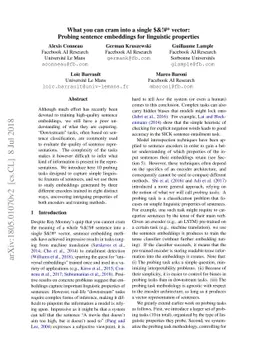 What you can cram into a single vector: Probing sentence embeddings for
  linguistic properties
