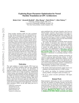 Exploring Hyper-Parameter Optimization for Neural Machine Translation on
  GPU Architectures