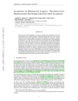 Learning to Propagate Labels: Transductive Propagation Network for
  Few-shot Learning