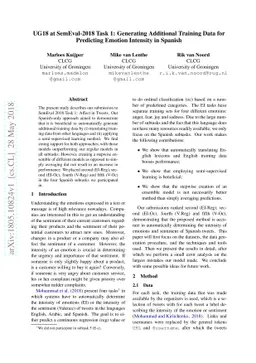UG18 at SemEval-2018 Task 1: Generating Additional Training Data for
  Predicting Emotion Intensity in Spanish