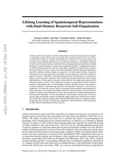 Lifelong Learning of Spatiotemporal Representations with Dual-Memory
  Recurrent Self-Organization
