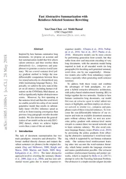 Fast Abstractive Summarization with Reinforce-Selected Sentence
  Rewriting