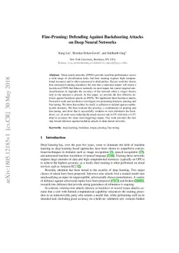 Fine-Pruning: Defending Against Backdooring Attacks on Deep Neural
  Networks