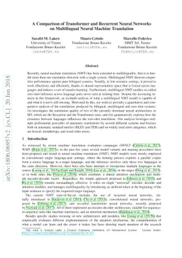 A Comparison of Transformer and Recurrent Neural Networks on
  Multilingual Neural Machine Translation