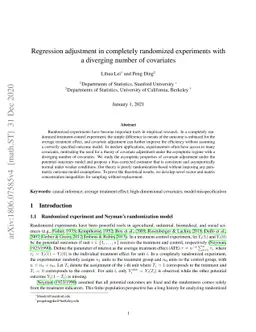Regression adjustment in completely randomized experiments with a
  diverging number of covariates