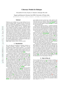 Coherence Models for Dialogue