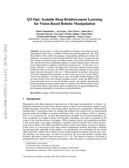QT-Opt: Scalable Deep Reinforcement Learning for Vision-Based Robotic
  Manipulation