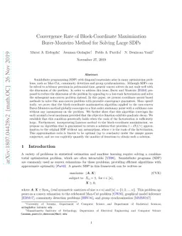 Convergence Rate of Block-Coordinate Maximization Burer-Monteiro Method
  for Solving Large SDPs