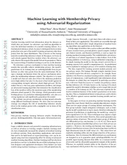 Machine Learning with Membership Privacy using Adversarial
  Regularization
