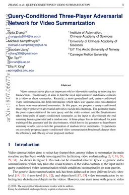 Query-Conditioned Three-Player Adversarial Network for Video
  Summarization