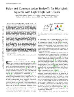 Delay and Communication Tradeoffs for Blockchain Systems with
  Lightweight IoT Clients