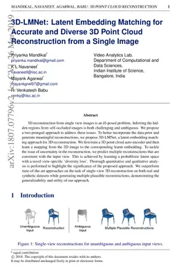 3D-LMNet: Latent Embedding Matching for Accurate and Diverse 3D Point
  Cloud Reconstruction from a Single Image