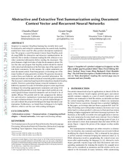 Abstractive and Extractive Text Summarization using Document Context
  Vector and Recurrent Neural Networks