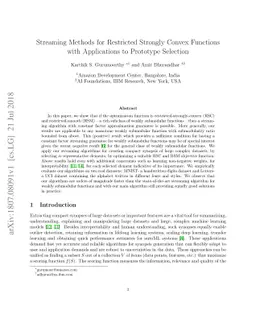 Streaming Methods for Restricted Strongly Convex Functions with
  Applications to Prototype Selection