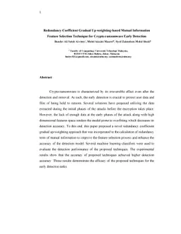 Redundancy Coefficient Gradual Up-weighting-based Mutual Information
  Feature Selection Technique for Crypto-ransomware Early Detection
