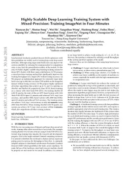 Highly Scalable Deep Learning Training System with Mixed-Precision:
  Training ImageNet in Four Minutes