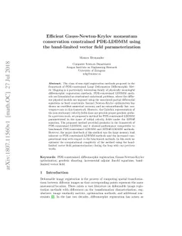 Efficient Gauss-Newton-Krylov momentum conservation constrained
  PDE-LDDMM using the band-limited vector field parameterization