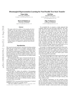 Disentangled Representation Learning for Non-Parallel Text Style
  Transfer