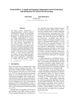 SentencePiece: A simple and language independent subword tokenizer and
  detokenizer for Neural Text Processing