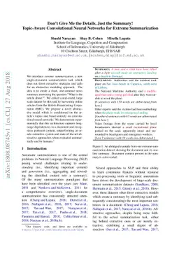 Don't Give Me the Details, Just the Summary! Topic-Aware Convolutional
  Neural Networks for Extreme Summarization