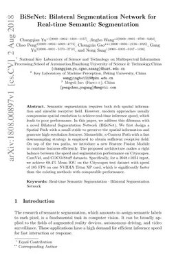 BiSeNet: Bilateral Segmentation Network for Real-time Semantic
  Segmentation