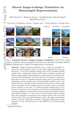 Diverse Image-to-Image Translation via Disentangled Representations