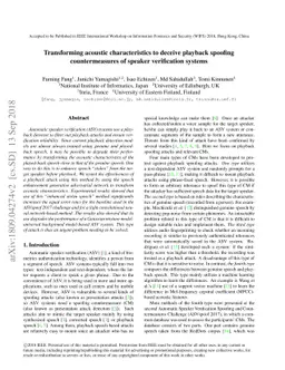 Transforming acoustic characteristics to deceive playback spoofing
  countermeasures of speaker verification systems