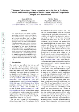 Tübingen-Oslo system: Linear regression works the best at Predicting
  Current and Future Psychological Health from Childhood Essays in the CLPsych
  2018 Shared Task