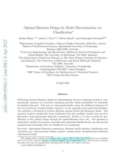 Optimal Bayesian design for model discrimination via classification