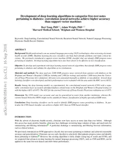 Development of deep learning algorithms to categorize free-text notes
  pertaining to diabetes: convolution neural networks achieve higher accuracy
  than support vector machines