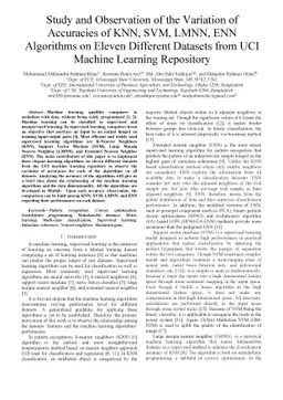 Study and Observation of the Variation of Accuracies of KNN, SVM, LMNN,
  ENN Algorithms on Eleven Different Datasets from UCI Machine Learning
  Repository