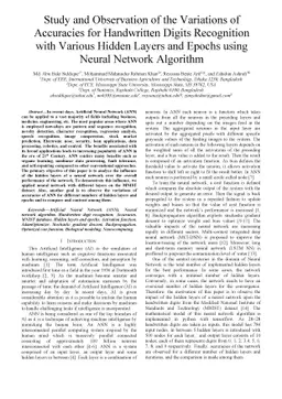 Study and Observation of the Variations of Accuracies for Handwritten
  Digits Recognition with Various Hidden Layers and Epochs using Neural Network
  Algorithm