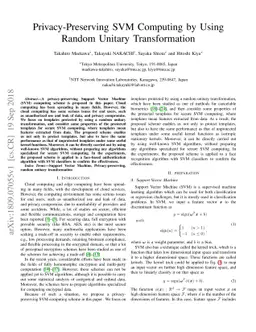 Privacy-Preserving SVM Computing by Using Random Unitary Transformation