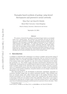 Exemplar-based synthesis of geology using kernel discrepancies and
  generative neural networks