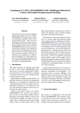 Copenhagen at CoNLL--SIGMORPHON 2018: Multilingual Inflection in Context
  with Explicit Morphosyntactic Decoding