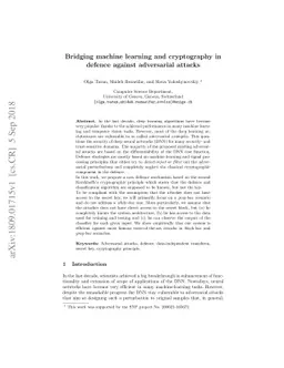 Bridging machine learning and cryptography in defence against
  adversarial attacks