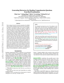 Generating Distractors for Reading Comprehension Questions from Real
  Examinations