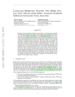 Language Modeling Teaches You More Syntax than Translation Does: Lessons
  Learned Through Auxiliary Task Analysis