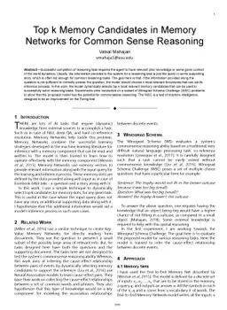Top k Memory Candidates in Memory Networks for Common Sense Reasoning