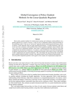 Global Convergence of Policy Gradient Methods for the Linear Quadratic
  Regulator