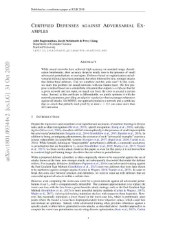 Certified Defenses against Adversarial Examples