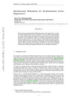 Generating Wikipedia by Summarizing Long Sequences