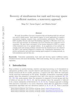 Recovery of simultaneous low rank and two-way sparse coefficient
  matrices, a nonconvex approach