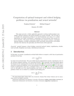 Computation of optimal transport and related hedging problems via
  penalization and neural networks